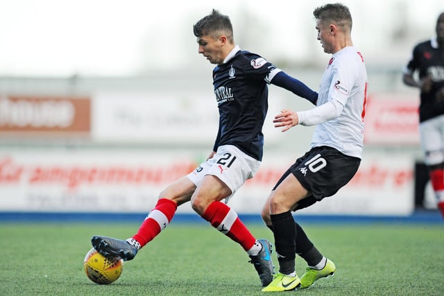 October 26, 2019: Falkirk 0, Clyde 1
Falkirk’s Charlie Telfer fending off Clyde’s Mark Lamont. A Darren Smith goal on 81 minutes won this League 1 game for Danny Lennon’s visitors at the Falkirk Stadium