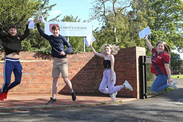 Top students, Daniel Poulton, Harry Gibson, Chloe Little and Evie Hodson with their GCSE results at Christ’s College.