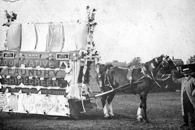 Brightside and Carbrook Co-operative Laundry's horse drawn float in the grounds of Senior's farm (Hartley House) ready for the Hospital Parade in the 1920s. The field later became the Co-op Sports Ground.