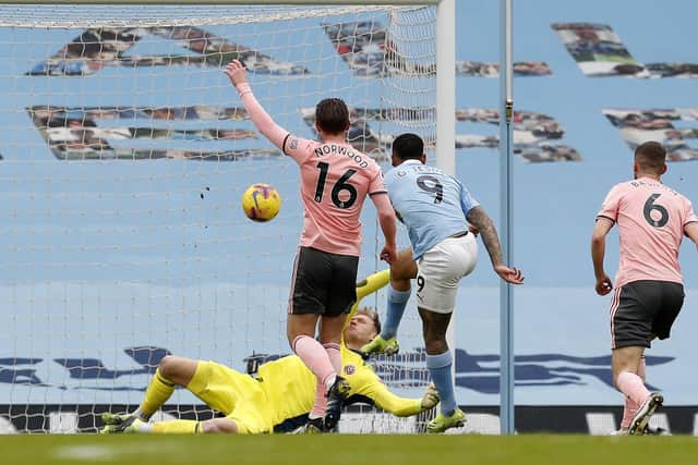 Gabriel Jesus of Manchester City scoring against Sheffield United during today's Premier League match at the Etihad Stadium, Manchester: Darren Staples/Sportimage