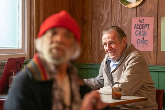 Tom Wilkinson playing Gerald, sitting in a cafe in the new Full Monty series. Picture: Disney+