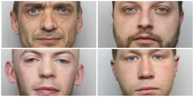 The defendants pictured here have all been jailed during hearings held at Sheffield Crown Court over the last week.
Top row, left to right: Andi Alushi and Valdemaras Kasinskas, who were sentenced during the same hearing for linked offences 
Bottom row, left to right: Caine Holmes and Joshua Bostwick, who were sentenced separately for unrelated offences