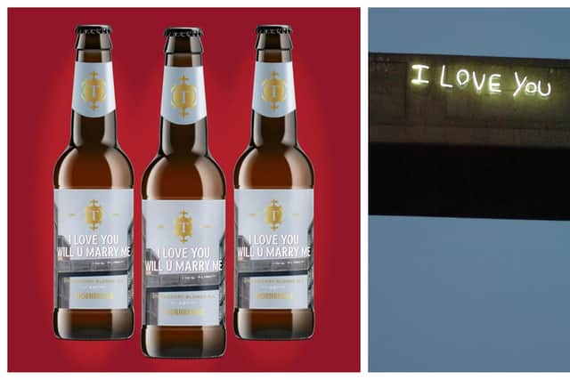 Thornbridge Brewery's I Love You Will U Marry Me beer and the graffiti marriage proposal at Park Hill which inspired the drink (pic: Thornbridge Brewery)