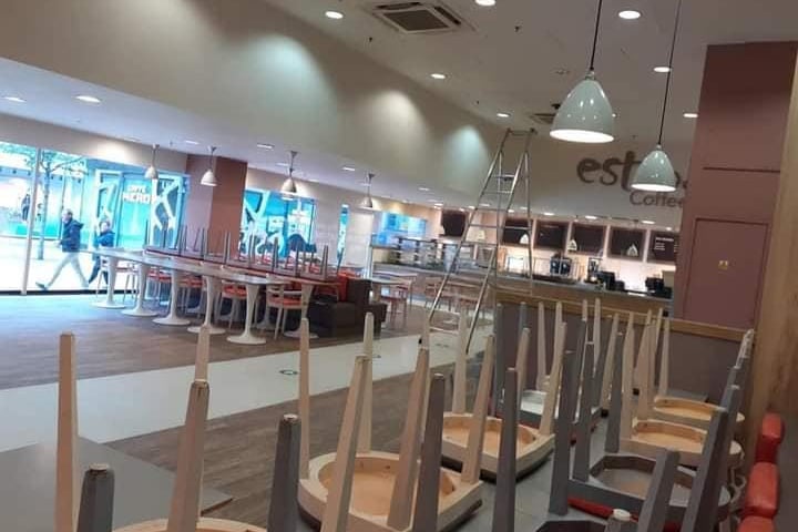 Chairs stacked in the cafe at Debenhams