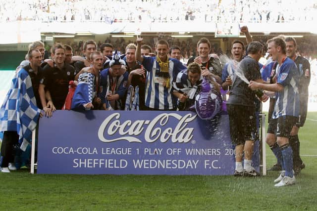 Sheffield Wednesday celebrate promotion to the Championship in 2005.