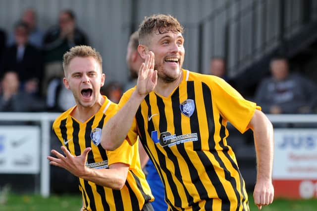 Kyle Jordan celebrates after equalising on 57 minutes against Maltby Main in 2014.