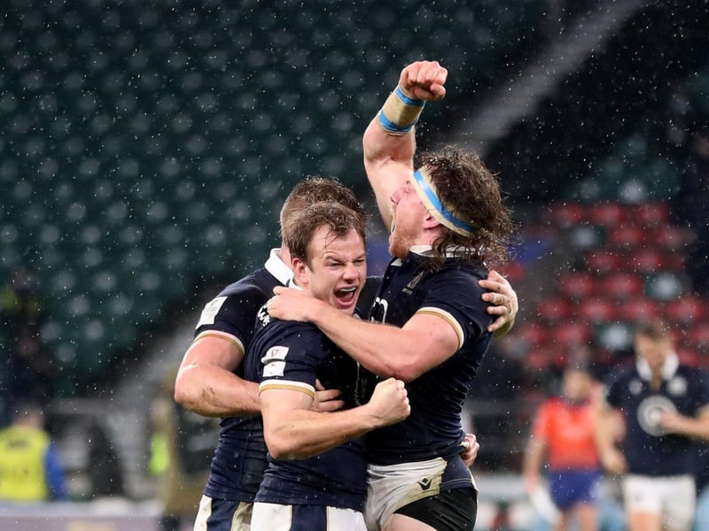 Scotland's Hamish Watson and Scott Steele celebrate after the Guinness Six Nations match at Twickenham Stadium, London
