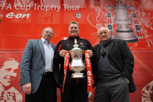 Three Blades legends: Ted Hemsley, Tony Currie and Len Badger with the FA Cup