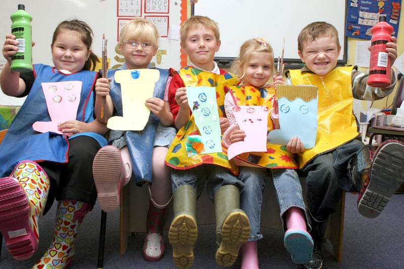 Hannah Caudwell, Ruby Renshaw, Jak Watkinson, Hollie Jones and Max Raine on welly day at The Brigg Infant School, South Normanton, in 2007.