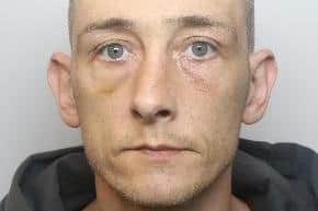 Pictured is Stewart Price, aged 38, of Fellbrigg Road, at Arbourthorne, Sheffield, who has been sentenced to 38 months of custody after he pleaded guilty to a series of offences including a burglary at GAP clothing, a burglary at The Ibis Hotel, two thefts from vehicles in East Bank Road, a burglary from Ponds Forge Arena, threatening behaviour, perverting the course of justice and a sexual assault.