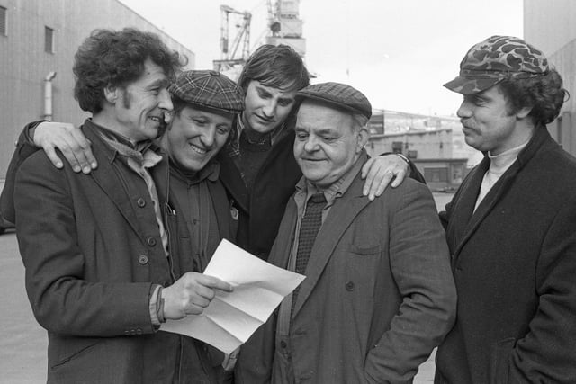 George Imeson checks the balance of the charity fund at Deptford shipyard with, left to right: Dave Hall, Dave Morgan, Jim Stothard and Joe Wallace. Does this bring back happy memories of time in the shipyards?