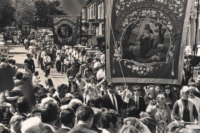 The Ebenezer Wesleyan Reform Sunday School banner in the procession marching at Meersbrook Park Whit Sing in 1971