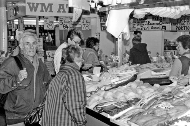 Shoppers and stallholders at the old Castle Market in Sheffield city centre in March 1993