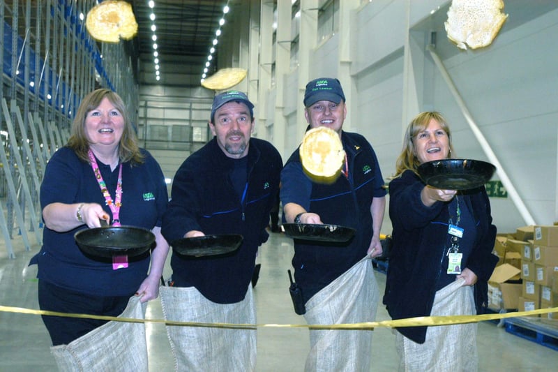 Serving up memories of a pancake race at Asda in Washington 13 years ago. Asda George staff Eileen Watson, Dave Pearson,  Ken Lawson and Denise Mawson are pictured.