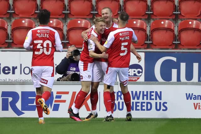 Michael Smith of Rotherham is congratulated by team mates after scoring during the Sky Bet Championship match between Rotherham United and QPR.