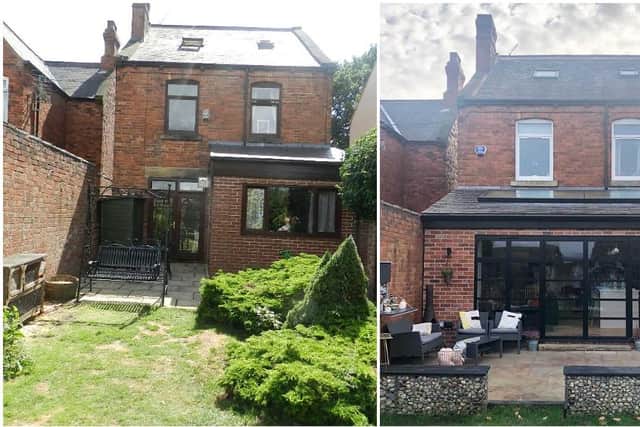 The back garden and rear of the house, before and after the renovation