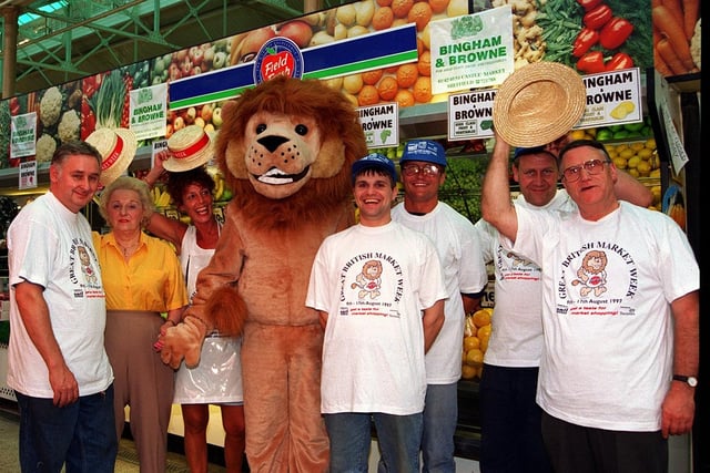George Bingham (right) and his staff at the Castle Market in costume for Great British Market Week in August 1997
