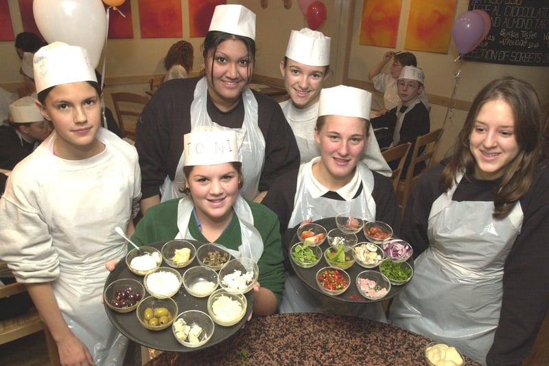 Pictured at the Cafe Uno, Ecclesall Road, Sheffield, where pupils from Silverdale school were taking part in a careers initutive at the cafe back in 2001. They Are seen with the  topping for a Pizza design. LtoR are,  Amy Jones,  Toni Walker, Purvee Popat, Alicia Walker, Helen Battye, and Dana Al-Dajani.