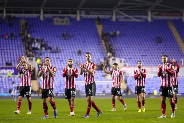 Sheffield United players applaud the fans at the end of the Sky Bet Championship match against Reading: John Walton/PA Wire.