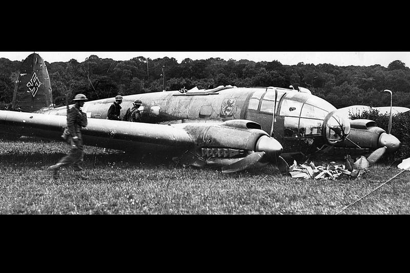 The crash-landed Heinkel at Denmead during the Battle of Britain in the summer of 1940