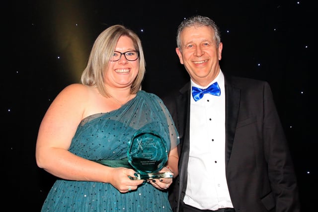 Chris Chambers, Shorts Private Client Partner, pictured presenting the Innovation Award to Dawn Collyer, of Timeless Life Casting and Memorial Jewellery,