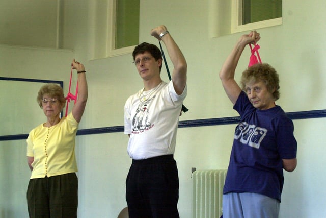Audrey Lumby, Robert Lumby and Myra Lumby taking part in a class for people with mobility or health problems at Spectres Gym, Northern General Hospita in 2001