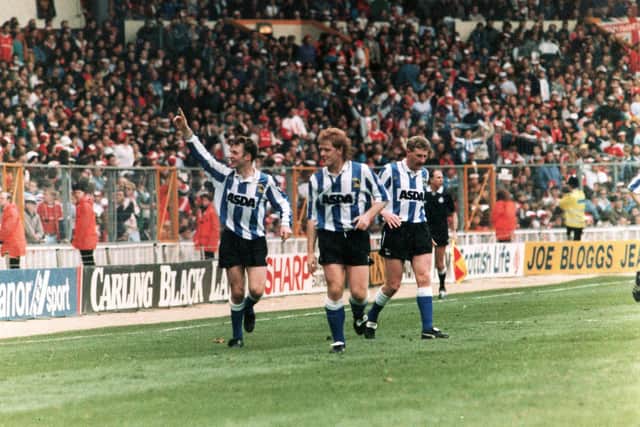 John Sheridan, the former Sheffield Wednesday and Republic of Ireland star, celebrates with Phil King and Nigel Worthington after scoring the winner against Manchester United in the 1991 League Cup final at Wembley.