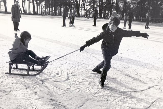 Youngsters enjoying the freezing conditions on Longshaw Lake 50 years ago.