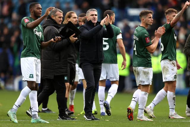 Ryan Lowe, Manager of Plymouth Argyle applauds the fans following the Emirates FA Cup First Round match between Sheffield Wednesday and Plymouth Argyle at Hillsborough on November 07, 2021 in Sheffield, England. (Photo by George Wood/Getty Images)