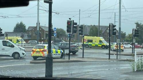 The scene in Gleadless Townend this afternoon after a pedestrian suffered 'serious injuries' during a collision on Gleadless Road. Picture: Cammy Lane