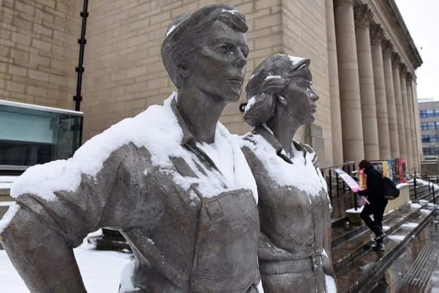 The Women of Steel statue under snow in 2018