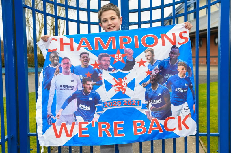 Rangers fans gather outside Murray Park as they are crowned champions on March 07, 2021