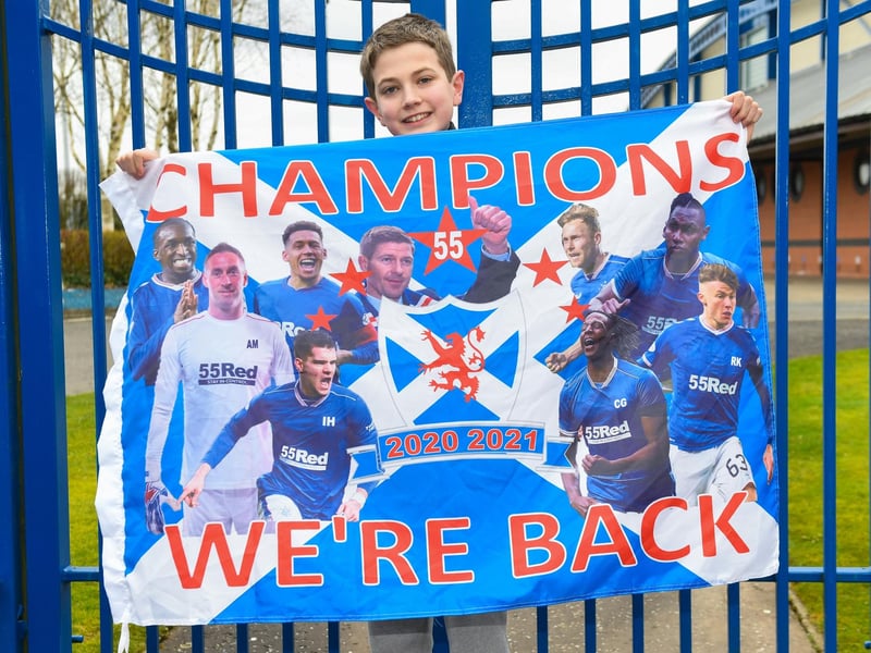 Rangers fans gather outside Murray Park as they are crowned champions on March 07, 2021