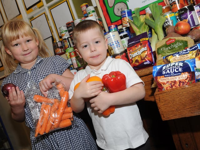 Pupils of St Alban's Primary School collected food for their harvest festival in 2014 which was donated to Doncaster Foyer