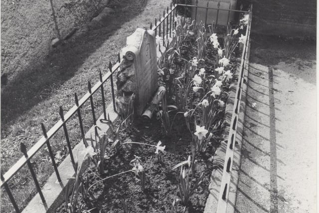 A popular venue for visitors over the Easter Holiday  in 1982 was St. Michael's Church, Hathersage where the legendary Little John lies buried. Pic shows Little John's grave in the churchyard.