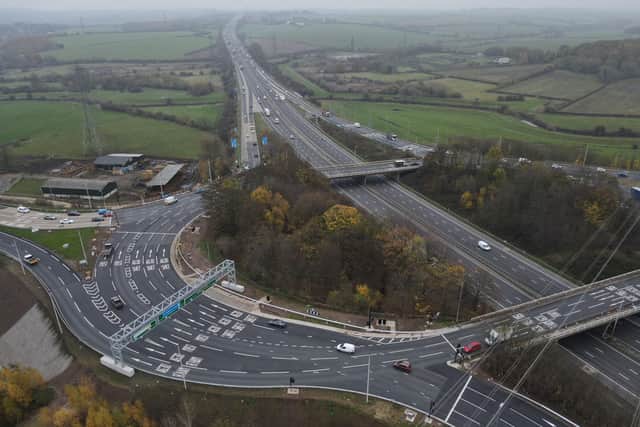 The £46m project began in February 2021, and includes an extra lane eastbound and westbound; resurfacing at J33 of the M1; speed limit reduction from 70mph to 50mph and new lighting and signs.