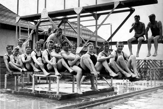 Footballers, probably mostly Sheffield United players, at Hathersage open-air pool in the 1920s to 30s