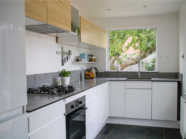 Another view of the bungalow's modern kitchen.