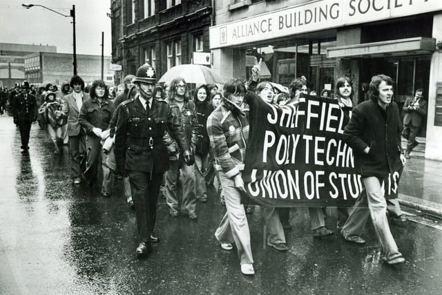 Students on the march as they left Sheffield Education Offices after their protest sit-in.  At the front is the students' leader, Mick Elliott - March 14, 1977