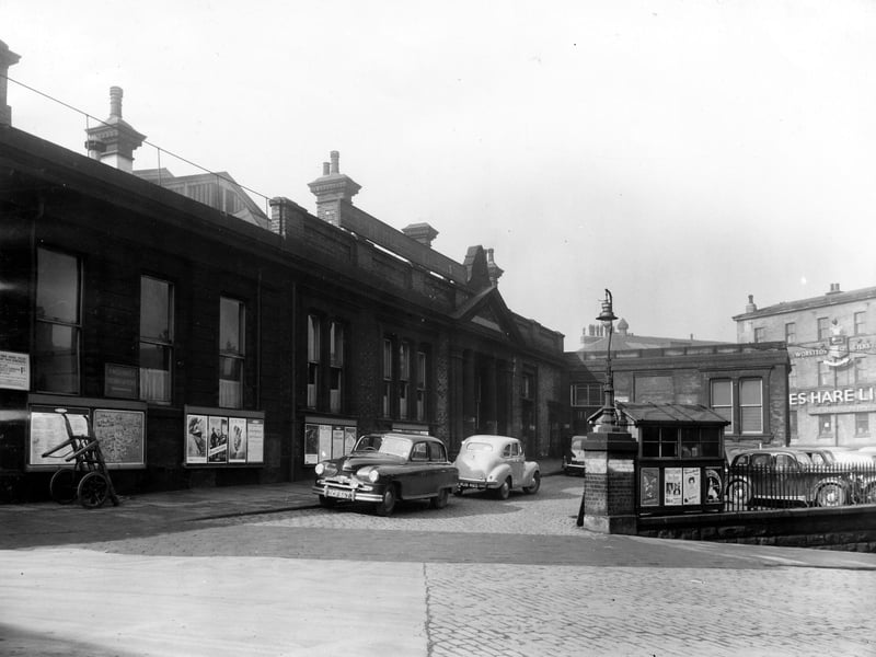 Leeds Central Station, on Wellington Street, in March 1954. The station was opened on September 18, 1848, for trains on the Leeds-Thirsk Railway, and closed on May 1, 1967. It was later demolished and became the site of the Royal Mail headquarters. The warehouse of James Hare Ltd, woollen merchants and manufacturers, of 72 Wellington Street, can be seen on the far right.