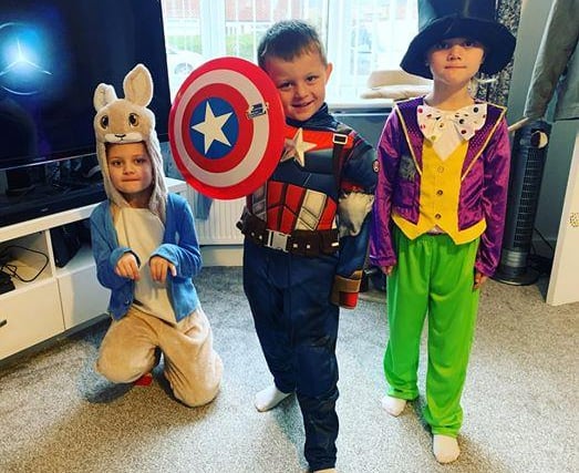 Cadiee, Cruz and Skyla of Meadowview Primary School dressed as Peter Rabbit, Captain America and Willy Wonka!