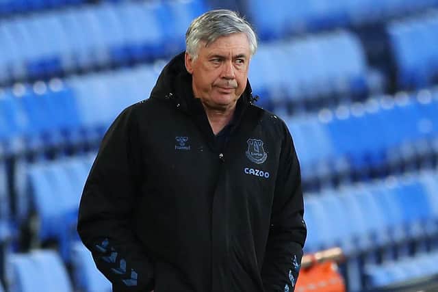 Everton's Italian head coach Carlo Ancelotti looks on during the English Premier League football match between Everton and Sheffield United at Goodison Park (Photo by PETER BYRNE/POOL/AFP via Getty Images)