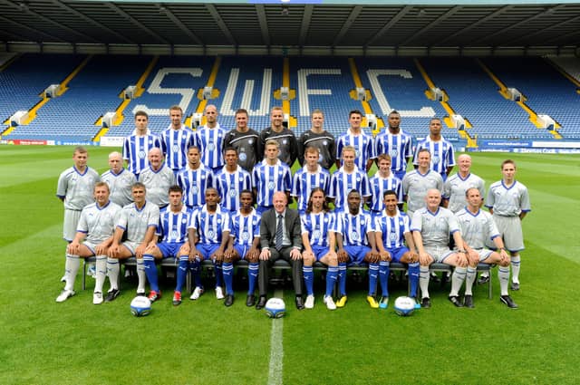 Sheffield Wednesday FC....2011-12 Season....BR LtoR..Lewis Buxton,Mark Beevers,Rob Jones,Richard O'Donnell,Nicky Weaver,Arron Jameson,Danny Batth,Reda Johnson,Julian Bennett...MR LtoR. Ashley Holland(Kit Man),Peter Coyle(Kit Manager),John Murray(Boot Man),Giles Coke,Liam Palmer,Daniel Jones,Mark Reynolds,Chris Sedgwick,James O'Connor,Paul Smith(Head Physio),Dean Taylor(Physio),Ben Parker(Masueer).FR LtoR.Andy Rhodes(Goal Keeping Coach),Neil Thompson(Coach),Gary Madine,Clinton Morrison,Jose Semedo,Gary Megson(Manager),David Prutton,Jermaine Johnson,Jon Otsemobor,Chris Evans(Ass Manager),Carl Wells(Fitness/Condition Coach).