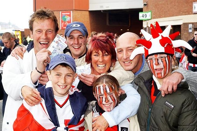 Blades fans, left to right, Alec Hague, Bruce Hague, Hayden Stubbs, Alison Hague, Kia Hague, Andrew Stubbs and Nicola Stubbs at the Sheffield United v Arsenal match at Old Trafford, Manchester, on April 13, 2003