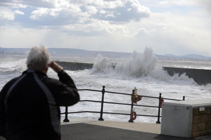 The waves continued to batter the Headland Heugh Breakwater on Tuesday afternoon.