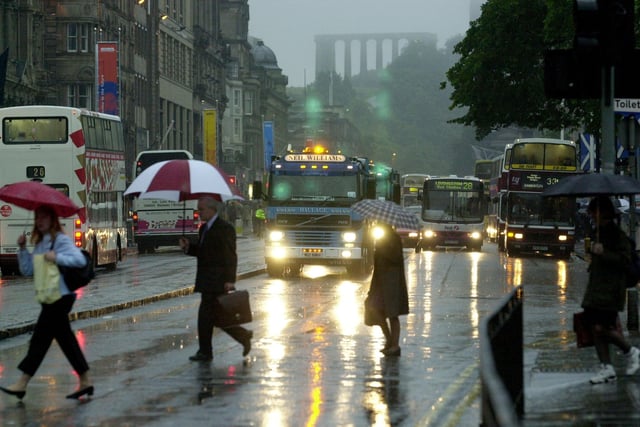 Lorries drove slowly through central Edinburgh in protest to the tax on fuel, 11 September 2000.