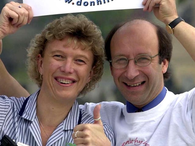Chest pain nurse specialist Michelle Barrett (34) and Dr John Cornell, consultant in public health, launch the new logo at the Doncaster Health Authority Business Innovation Centre in 2000