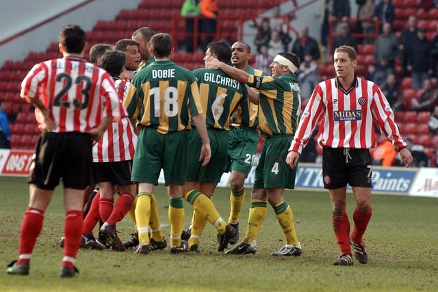 The notorious 'Battle of Bramall Lane' involving United and West Bromwich Albion players in March 2002.