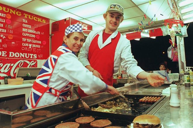 Maria and Garry Hurst serve up Burgers and Hot Dogs at Asda Doncaster melenium celebration in 1999