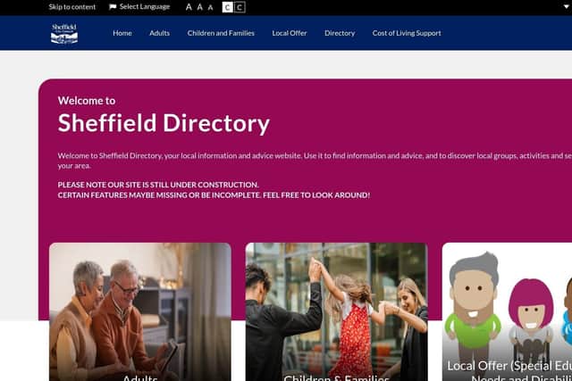 The front page of the Sheffield City Council website, Sheffield Directory, a one-stop site for help and support services